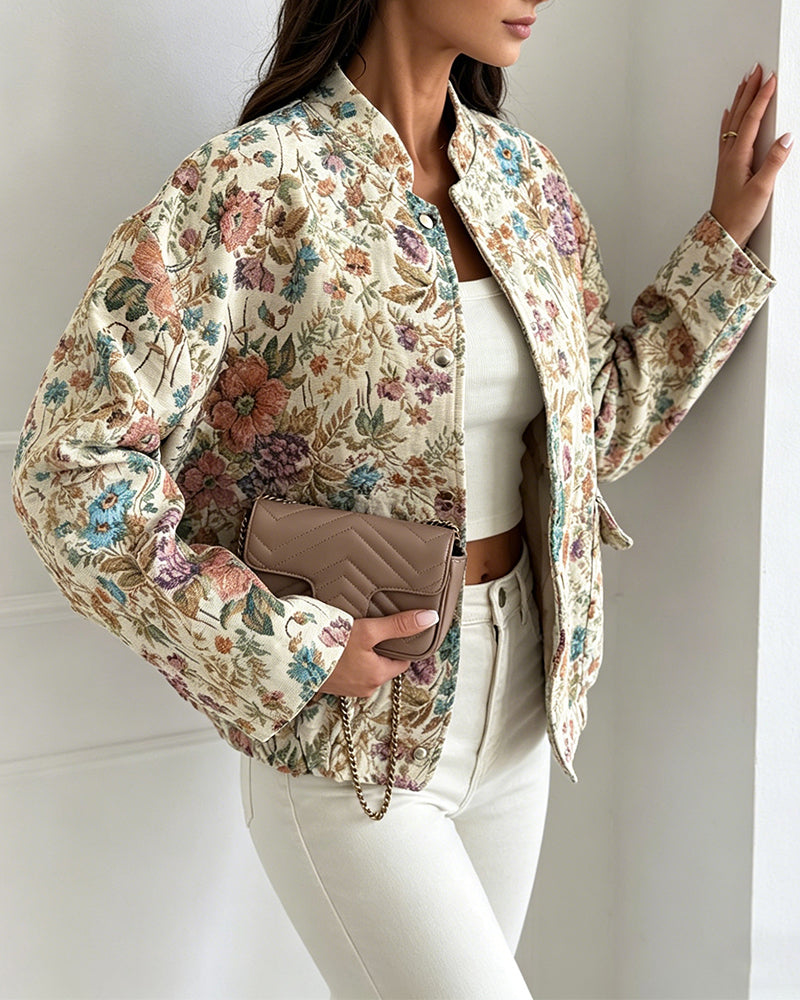 Women's Vintage Floral Jacquard Jacket Elegant Stand Collar Snap Button Loose Fit Coat