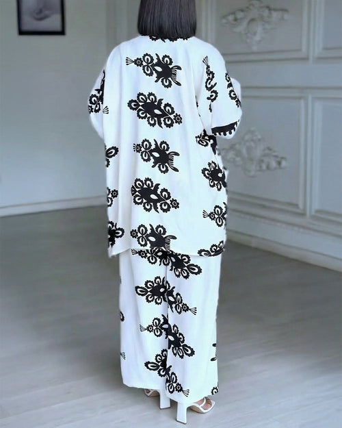 2 Pieces Outfit Open Front Long Sleeve Coat and Drawstring Elastic Waist Wide Leg Pants Set Casual Vintage Baroque Print Loose Fit Set without Tank Top