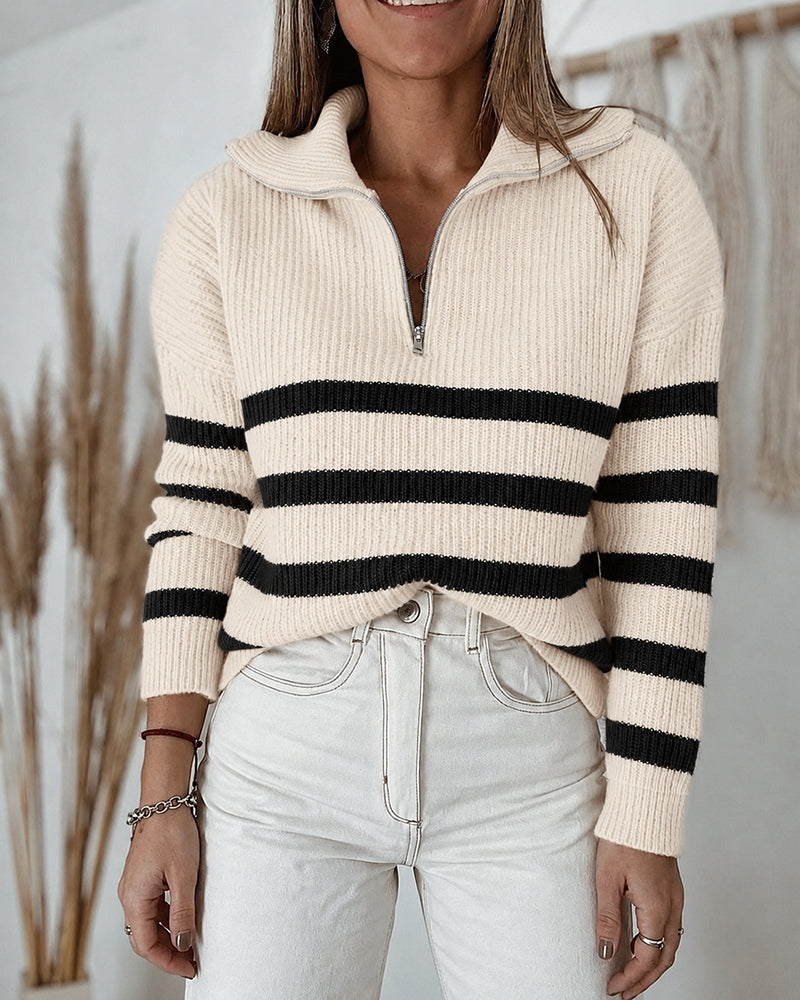 Women's Half Zip Striped Sweater Colorblock Turn-down Collar Knit Pullover Drop Shoulder Loose Fit Top