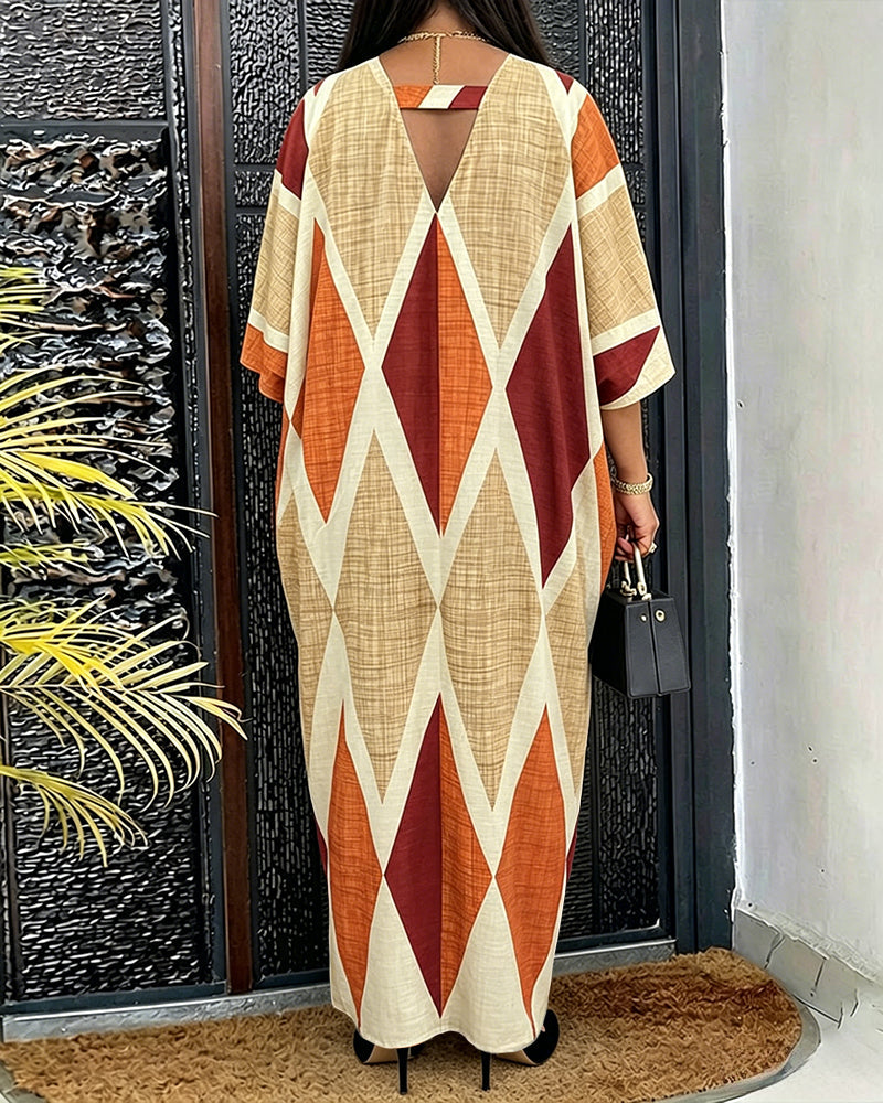 Women's Oversized Argyle Kaftan Maxi Dress V Neck Batwing Sleeve Hollow-out Beach Robe Long Dress with Pockets