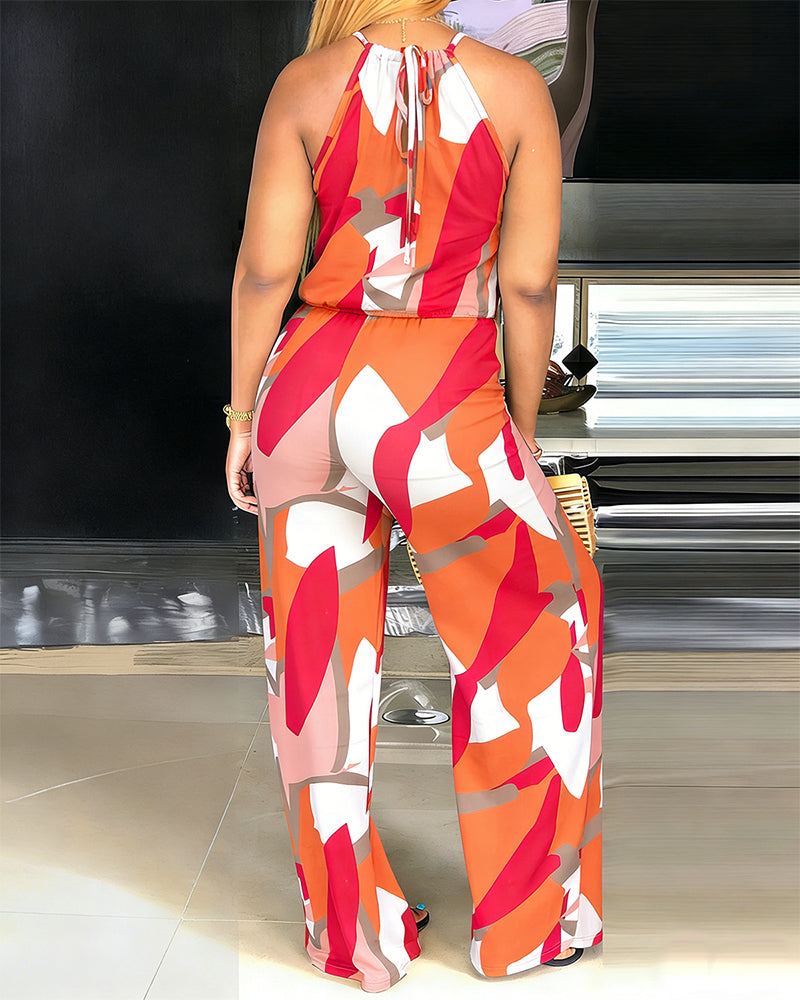 Women's Geometric Print Halter Tie Jumpsuit Criss Cross Neck Hollow Out Wide Leg Romper High Waist Drawstring Jumpsuit