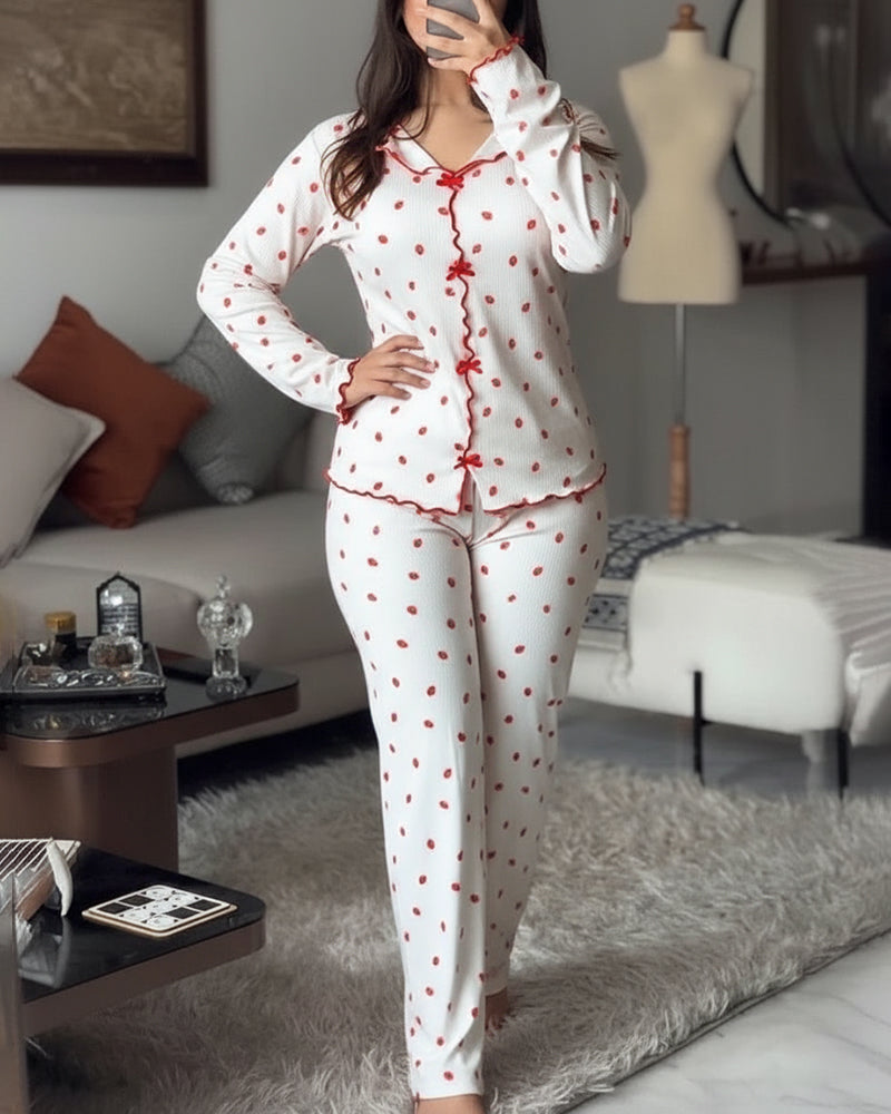 CHICME ESSENCE 2 Pieces Outfit Bowknot Decor Turn-down Collar V-Neck Top and Elastic Waist Slit Hem Pants Set Casual Strawberry Print Frill Trim Ribbed Pajamas Set
