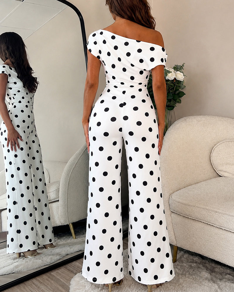 Women's Polka Dot Jumpsuit Skew Neck Ruched Wide Leg Overalls Casual High Waisted Jumpsuit with Pockets