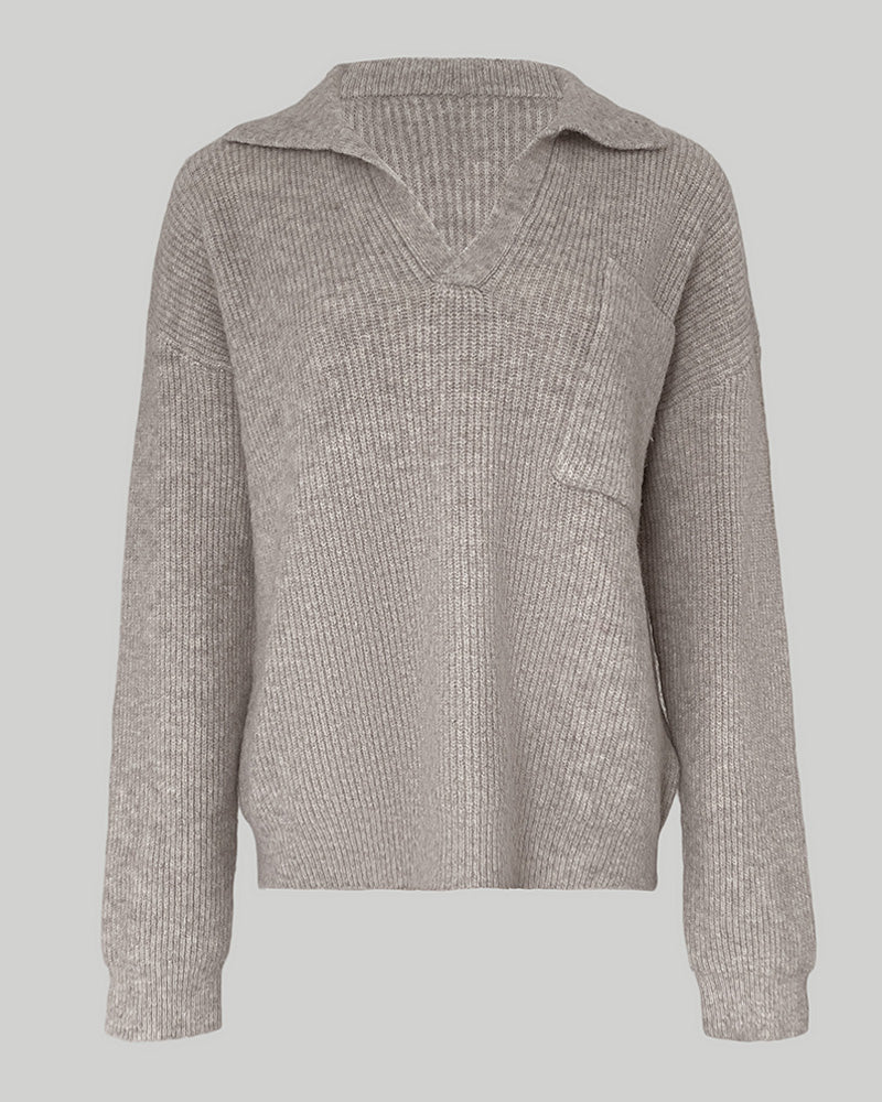 Women's Rib-Knit Polo Sweater V-Neck Collared Long Sleeve Pullover Loose Fit Drop Shoulder Top