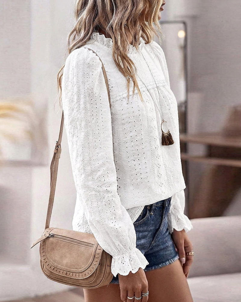 Women's French Style Eyelet Embroidery Blouse Elegant Frill Hem Stand Collar Puff Sleeve Top Lace Patchwork Shirt