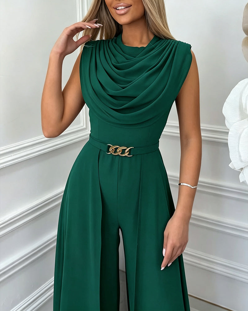Women's Cowl Neck Wide Leg Jumpsuit High Waist Sleeveless Chiffon Overlay Spliced Evening Overalls with Belt
