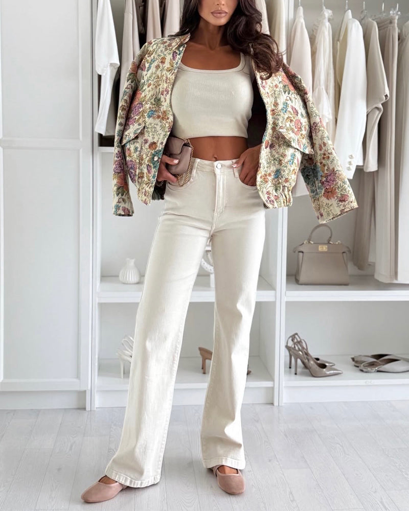 Women's Vintage Floral Jacquard Jacket Elegant Stand Collar Snap Button Loose Fit Coat