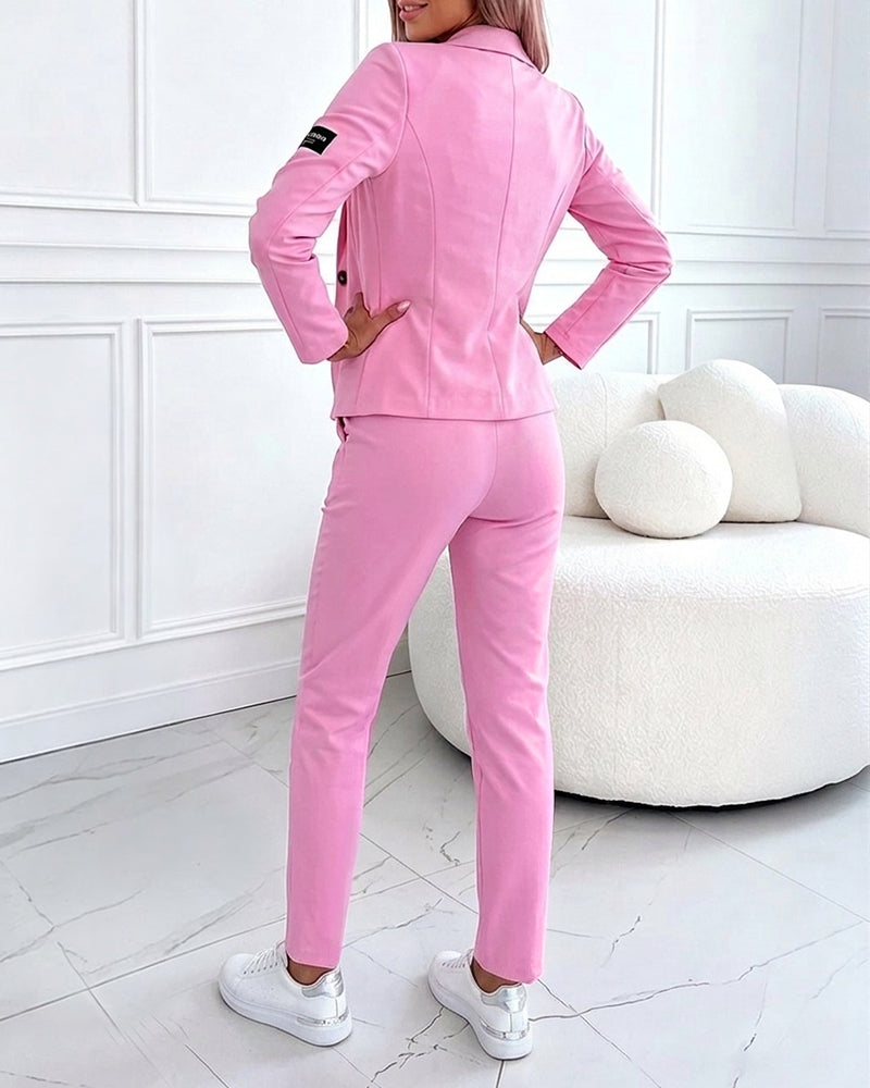 Women's 2 Piece Outfits Single Breasted Blazer and Tapered Pants Set Casual Commuting Set with Pockets