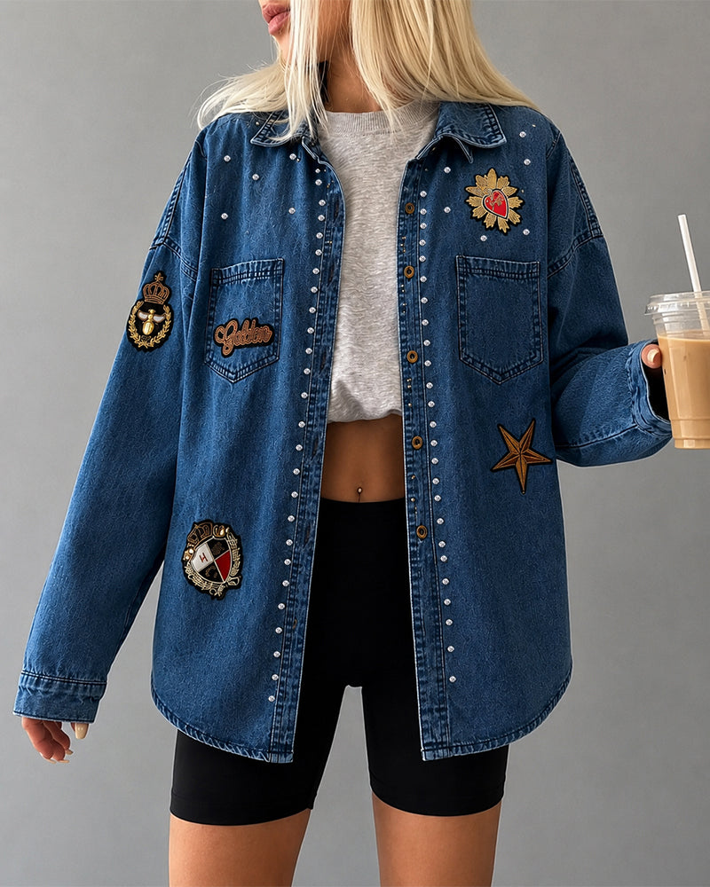 Women's Rhinestone Denim Shacket Vintage Badge Embroidered Button Down Long Sleeve Washed Jean Jacket