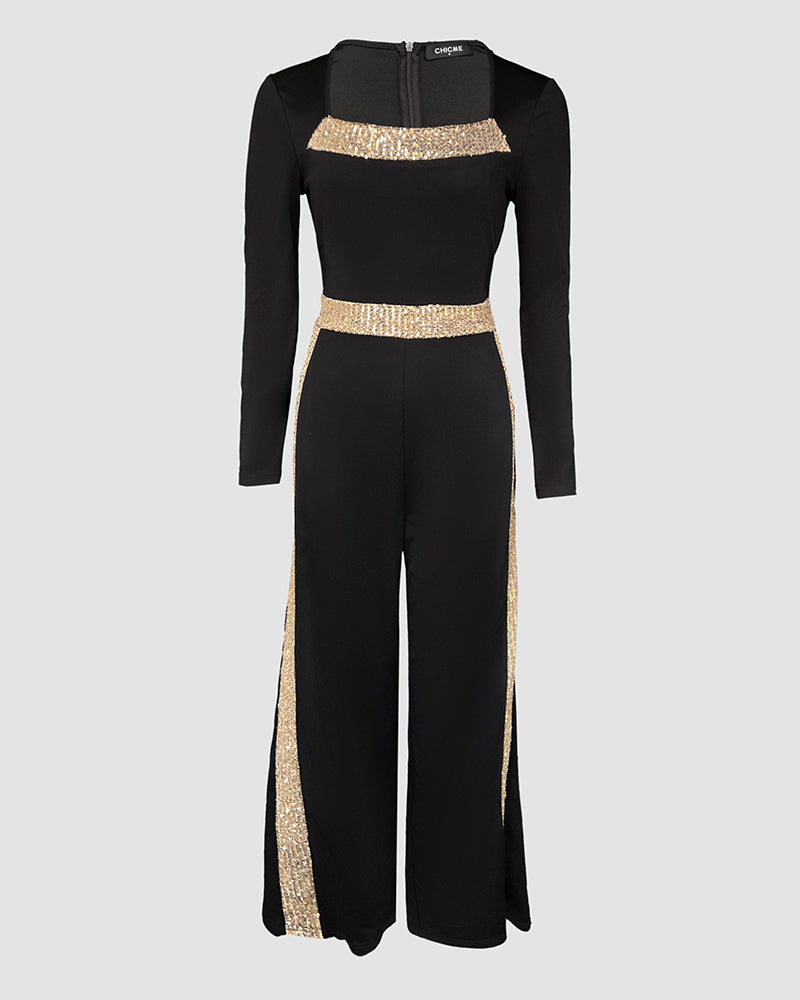 Sequin Bowknot Decor Contrast Sequin Paneled Square Neck Long Sleeve Jumpsuit Casual Cinched Waist Wide Leg Jumpsuit