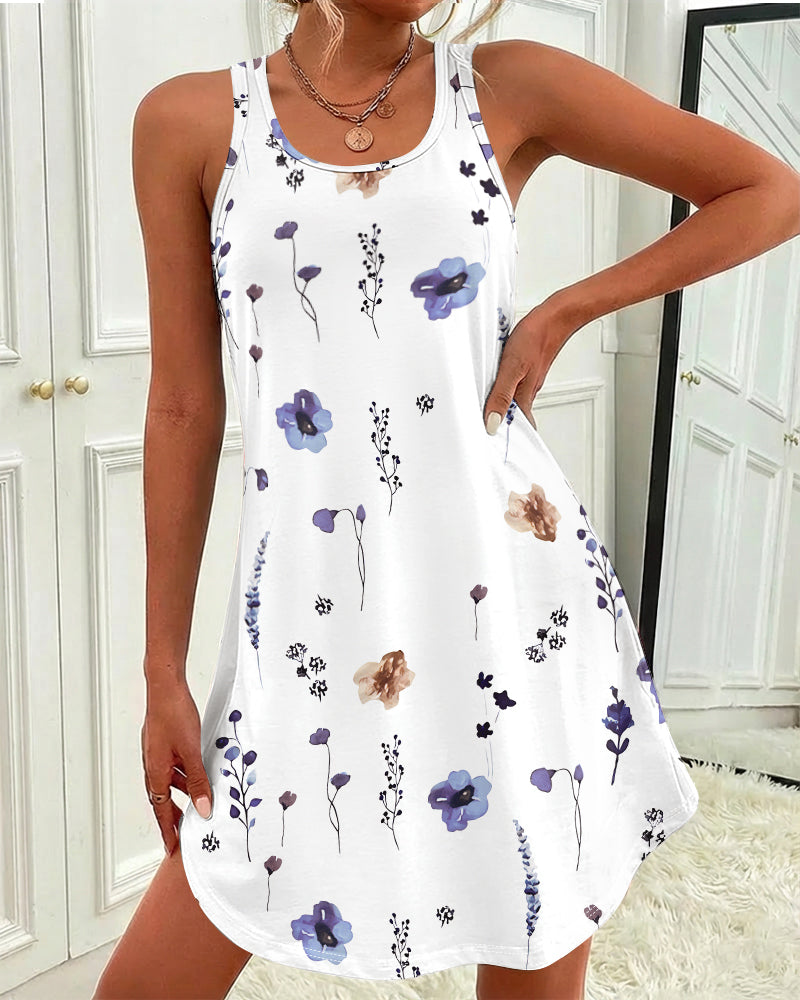Allover Watercolor Floral Print U-Neck Sleeveless Curved Hem Dress Casual Racerback Loungewear Dress