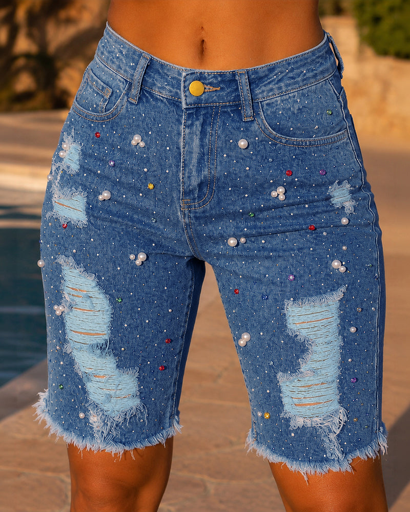 Women's Y2K Rhinestone Pearl Denim Bermuda Shorts Ripped Raw Hem Distressed Colorful Embellished Jean Shorts