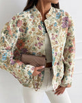 Women's Vintage Floral Jacquard Jacket Elegant Stand Collar Snap Button Loose Fit Coat