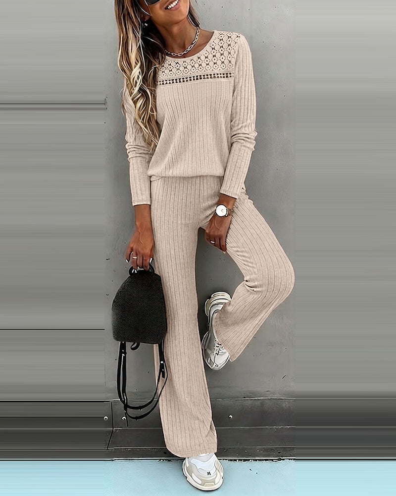 Women's Ribbed Knit Brushed Set Lace Patchwork Long Sleeve Top and Wide Leg Pants 2 Piece Lounge Set with Pockets