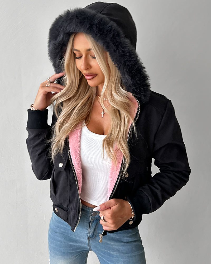 Fuzzy Trim Jacket Hooded Zip Up Fleece Lined Coat Outwear with Pockets