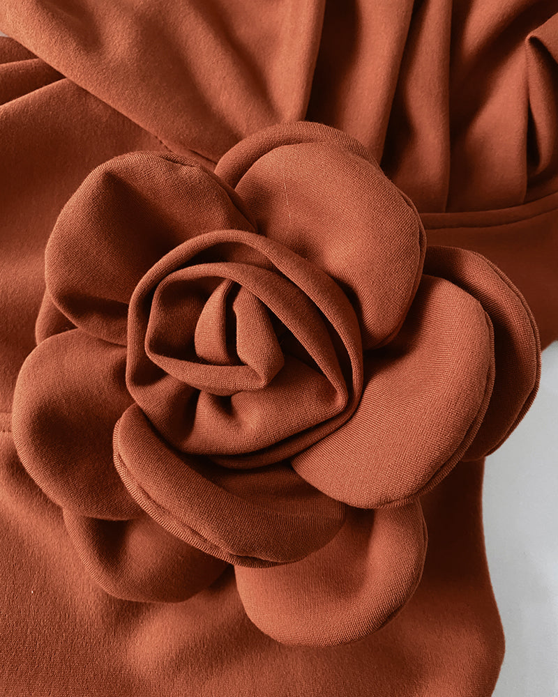 3D Flower Decor Round Neck Puff Sleeve Bodycon Dress Casual Ruched Slit Zipper Back Work Dress