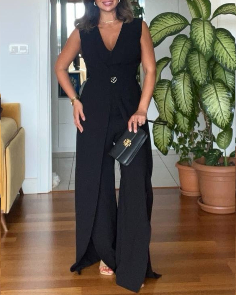 Plunge Sleeveless Button False Two Pieces Wide Leg Jumpsuit