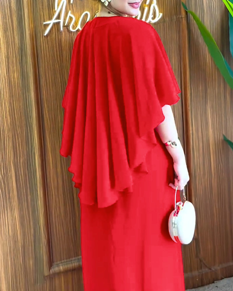 Overlap V-Neck Asymmetrical Ruffles Cape Design Cinched Waist Maxi Dress Elegant Shirred Back Evening Dress without Belt