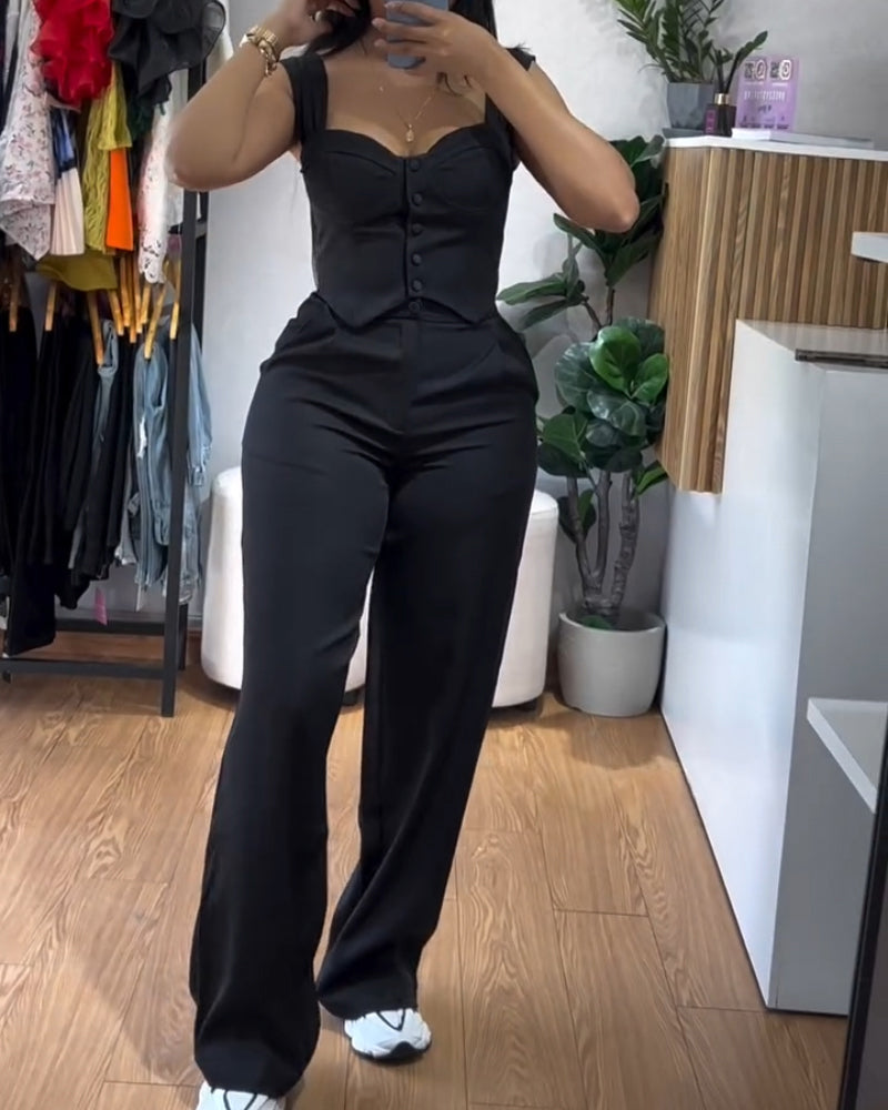 2 Pieces Outfit Thick Strap Button Front Shirred Back Slim Fit Crop Top and Casual High Waist Zipper Fly Elastic Back Waist Wide Leg Pants Set