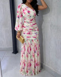 Women's Floral One Shoulder Evening Dress Elegant Lantern Sleeve Ruched Maxi Gown Casual Sheer Mesh Mermaid Dress