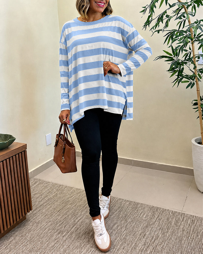 Women's Striped T Shirt Long Sleeve Drop Shoulder Crewneck Tee Side Slit Casual Loose Fit Top