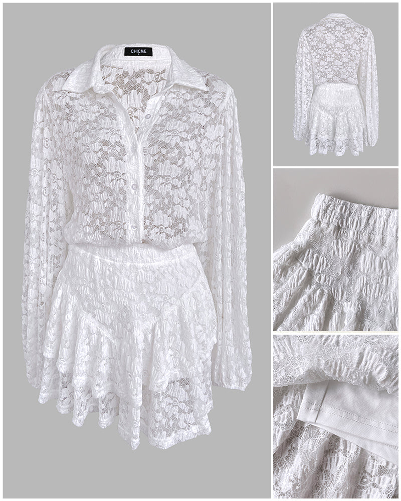 2 Pieces Outfit Turn-down Collar Lantern Sleeve Button Front Sheer Top and Elastic Waist Double Layer Ruffle Hem Skirt Set Casual Jacquard Floral Lace Skort Set