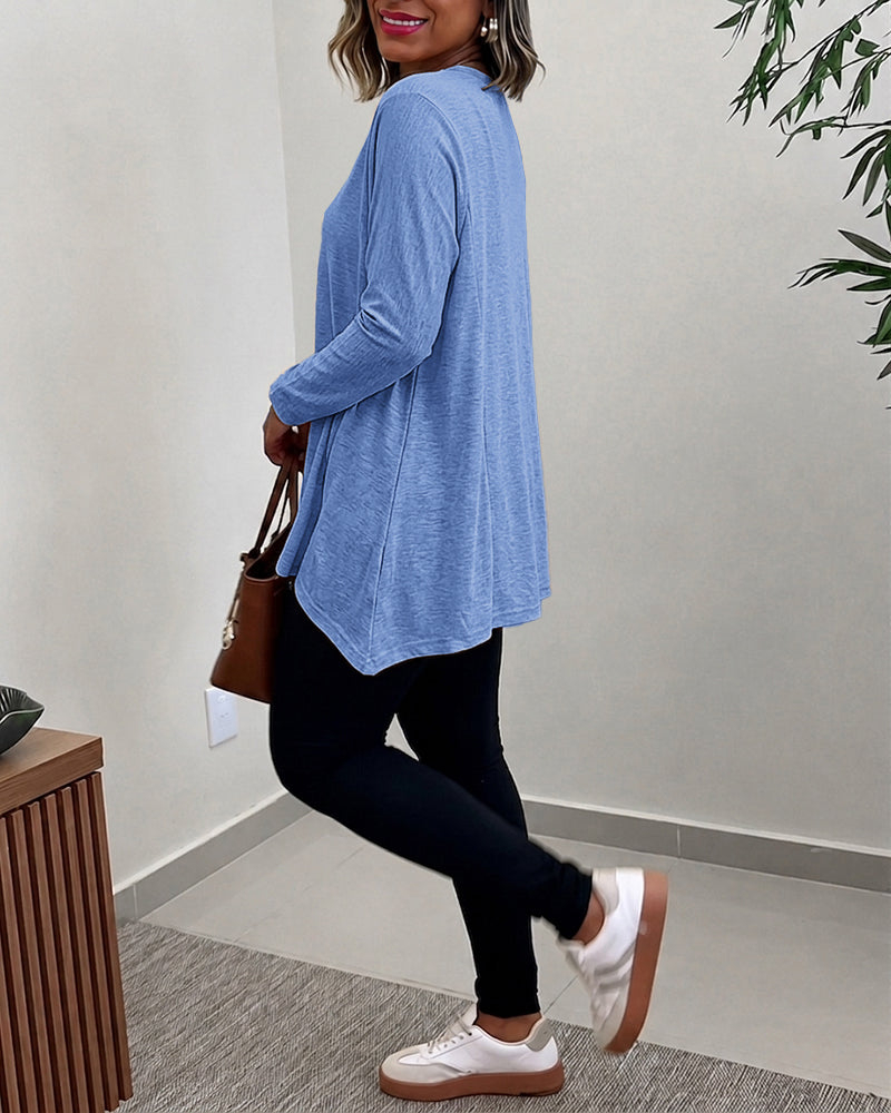 Women's Asymmetric Hem Long Sleeve Top Loose Fit Dropped Shoulder Crewneck Soft Slouchy Casual Tee