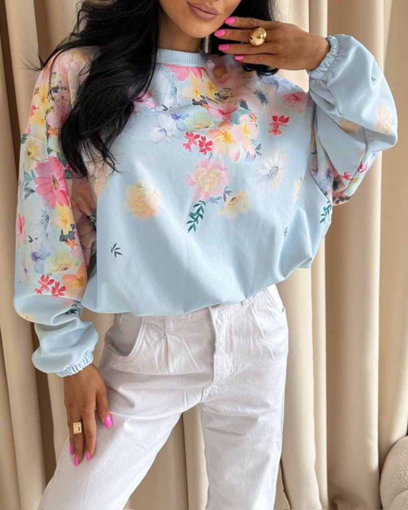 Women's Watercolor Floral Sweatshirt Casual Crewneck Pullover Lantern Sleeve Loose Fit Top