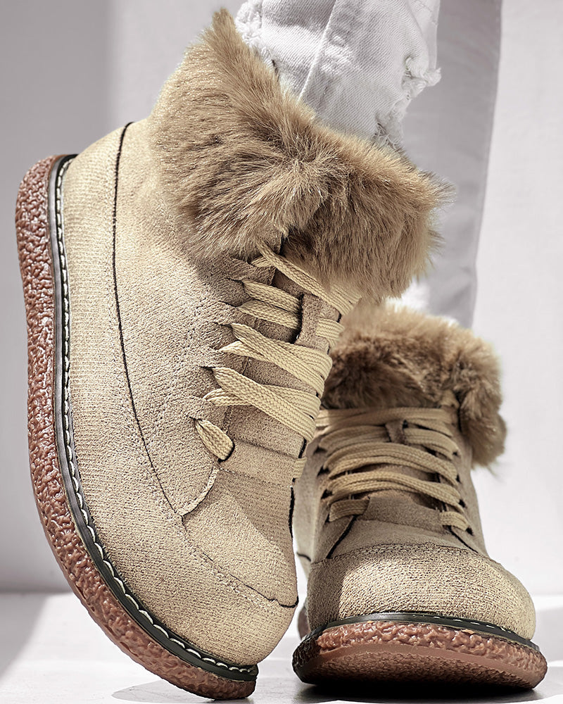 Fuzzy Detail Lined Lace-up Snow Boots