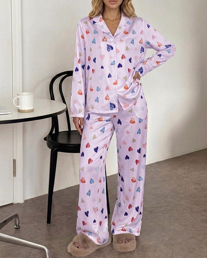 CHICME ESSENCE Women's Colorful Heart Print 2 Piece Pajama Set Long Sleeve Button Down Top and High Waisted Pants Casual Lounge Sets