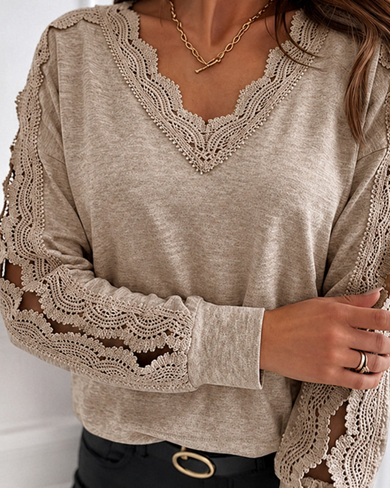 Women's Lace Patchwork V-Neck Top Hollow Out Drop Shoulder Long Sleeve Knit Pullover Elegant Loose Fit Casual Tee