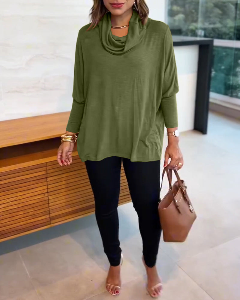 Women's Cowl Neck Batwing Sleeve Top Casual Long Sleeve Loose Pullover Comfortable Soft Drape Blouse