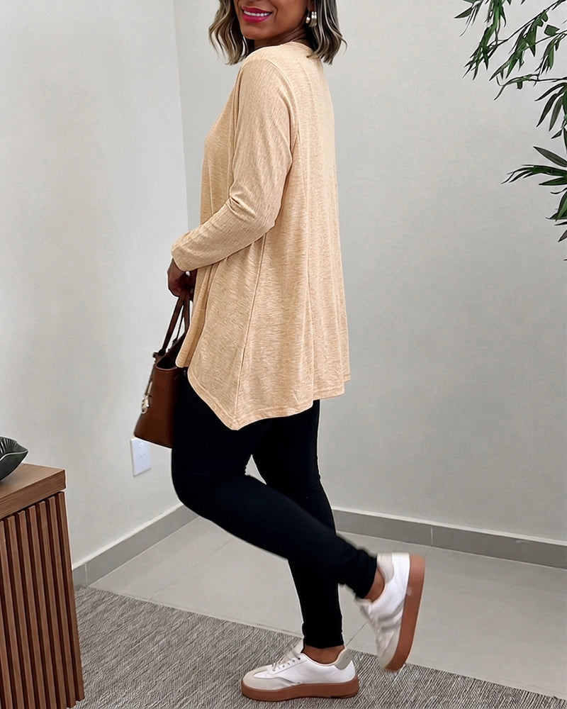 Women's Asymmetric Hem Long Sleeve Top Loose Fit Dropped Shoulder Crewneck Soft Slouchy Casual Tee