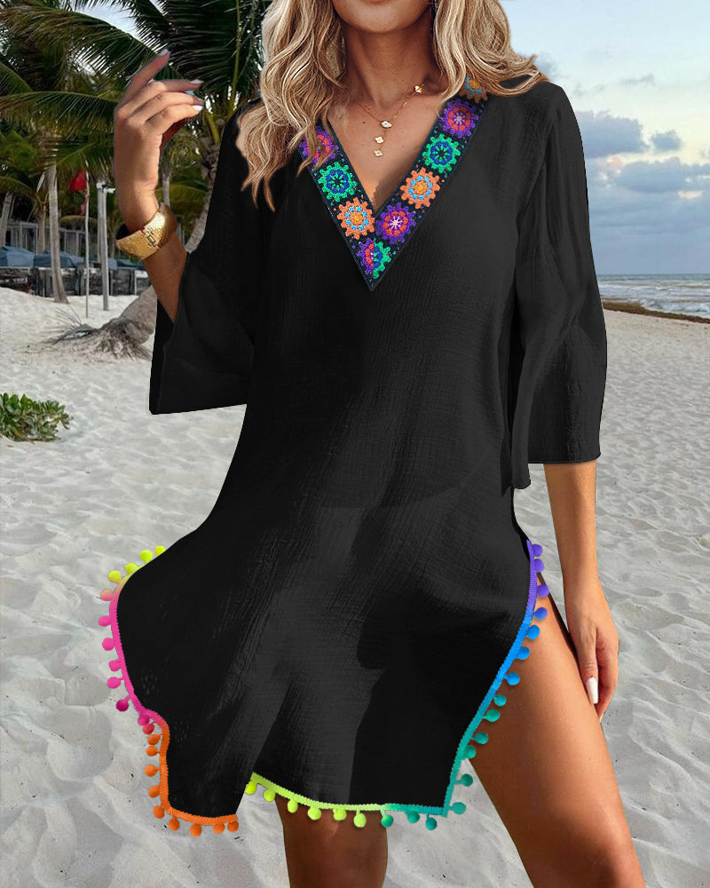 Women's V Neck Beach Cover Up Pom Pom Trim Side Slit Sheer Caftan Causal Three Quarters Sleeve Swimwear