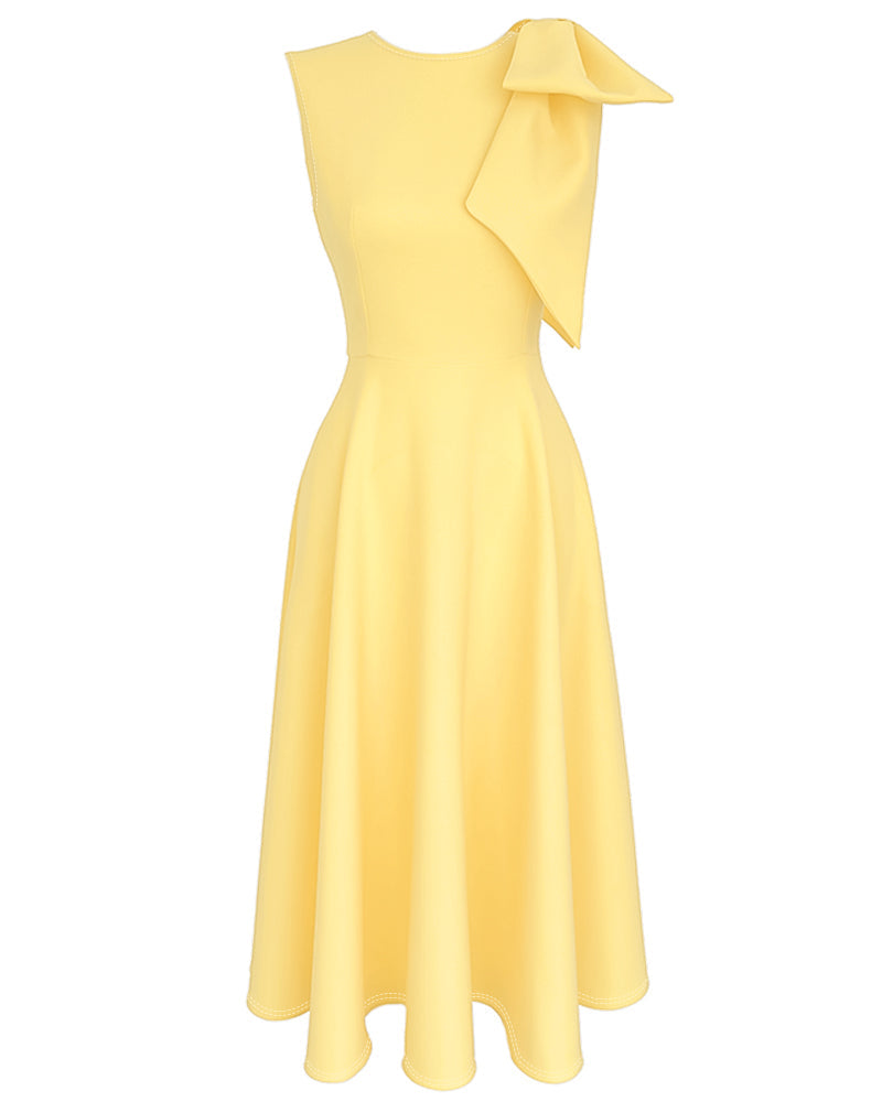 Women's Bowknot A Line Midi Dress Sleeveless Crewneck High Waist Party Dress Elegant Evening Gown