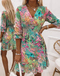 Women's Oil Painting Floral Chiffon Dress V Neck Three Quarters Sleeve Shirred High Waist Ruffle Hem A Line Dress