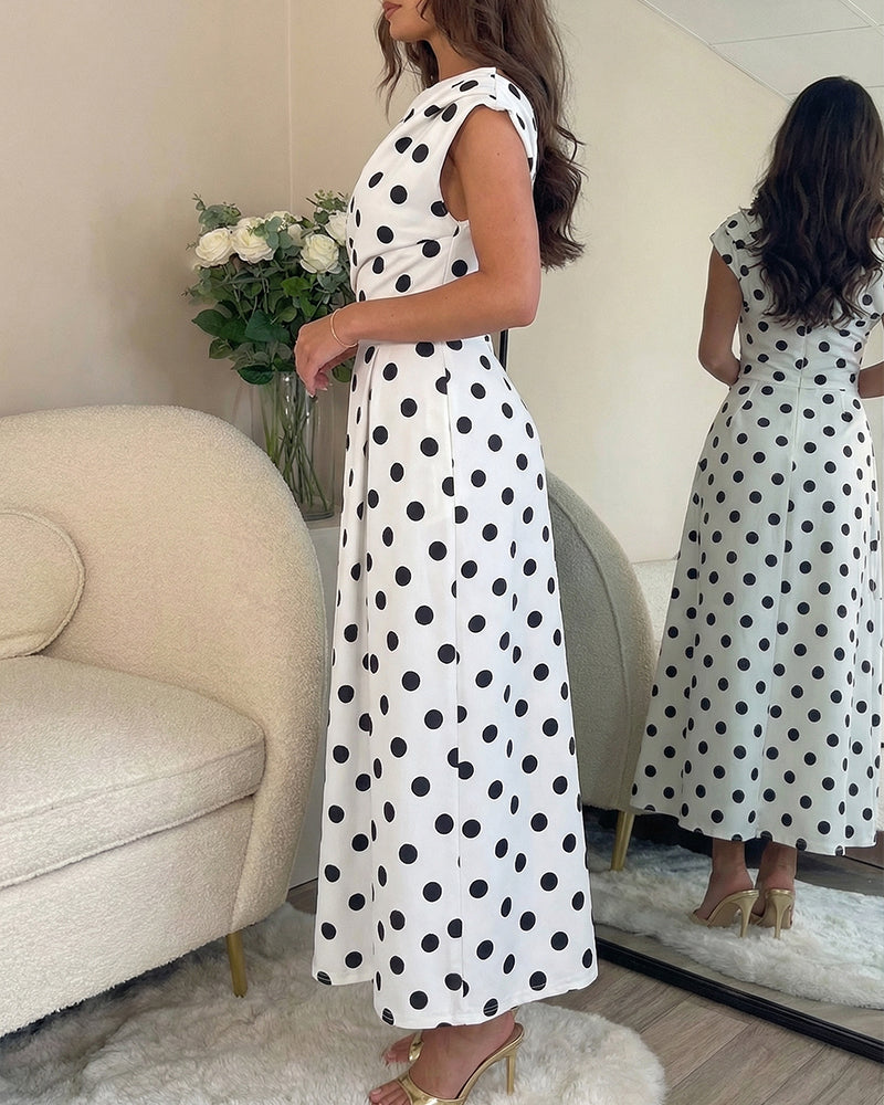 Women's Skew Neck Polka Dot Maxi Dress Ruched A-Line Swing Dress Elegant Party Cocktail Dress with Pockets