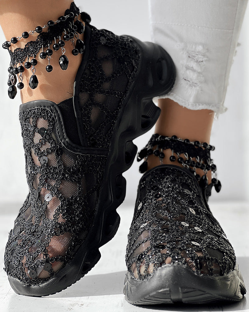 Contrast Sequin Sheer Mesh Patch Breathable Sneakers