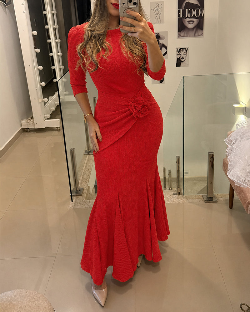 Women's 3D Floral Twist Mermaid Maxi Evening Gown Elegant Three Quarters Sleeve Bodycon Party Dress