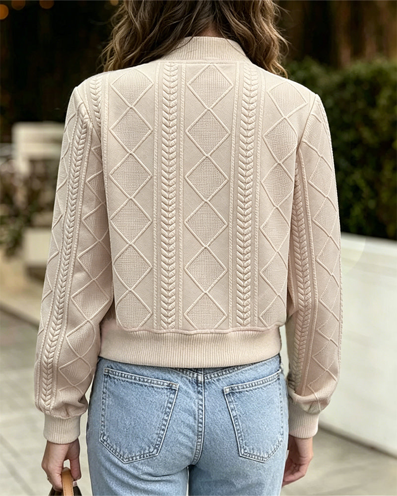 Women's Vintage Argyle Cable Knit Bomber Jacket Elegant Baseball Collar Button Down Cropped Coat with Flap Pockets