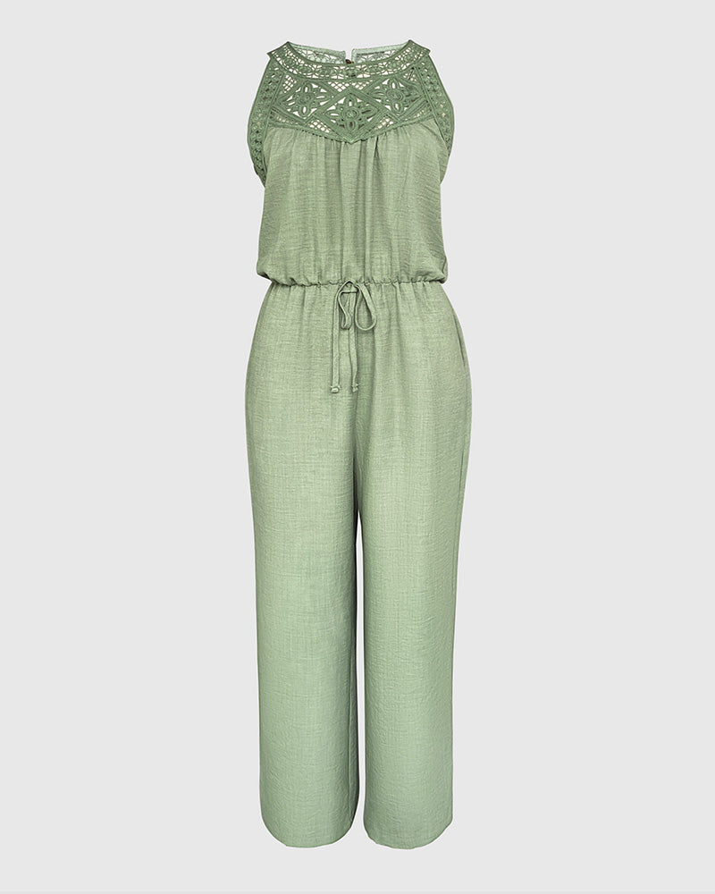 Women's Halter Jumpsuit Lace Trim Backless Overalls Tied Detail Wide Leg Jumpsuit with Pockets