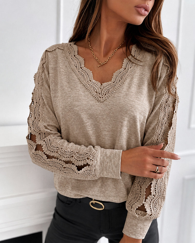 Women's Lace Patchwork V-Neck Top Hollow Out Drop Shoulder Long Sleeve Knit Pullover Elegant Loose Fit Casual Tee