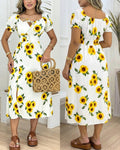 Women's Sunflower Print Midi Dress Puff Sleeve Tie Neck Sundress Shirred Back Slit A-Line Vacation Dress with Lining