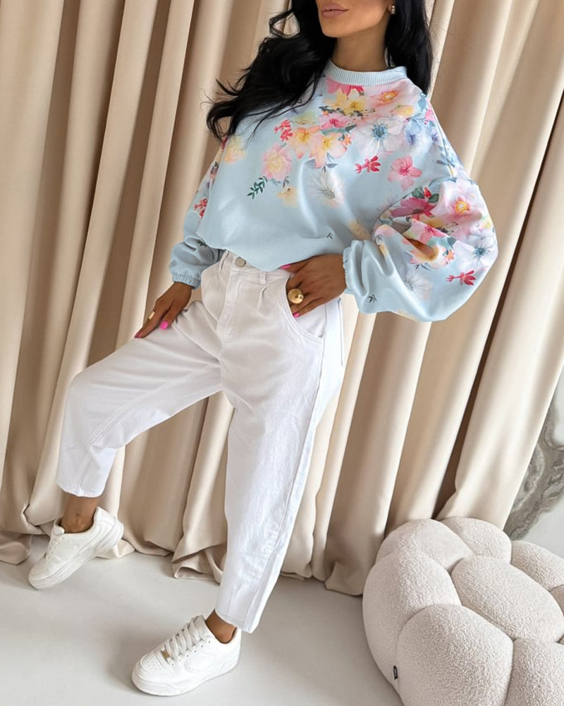 Women's Watercolor Floral Sweatshirt Casual Crewneck Pullover Lantern Sleeve Loose Fit Top