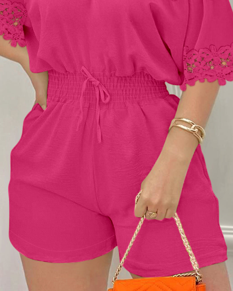 Women's Lace Off Shoulder Romper Shirred Waist Tied Detail Textured Short Jumpsuit with Pockets