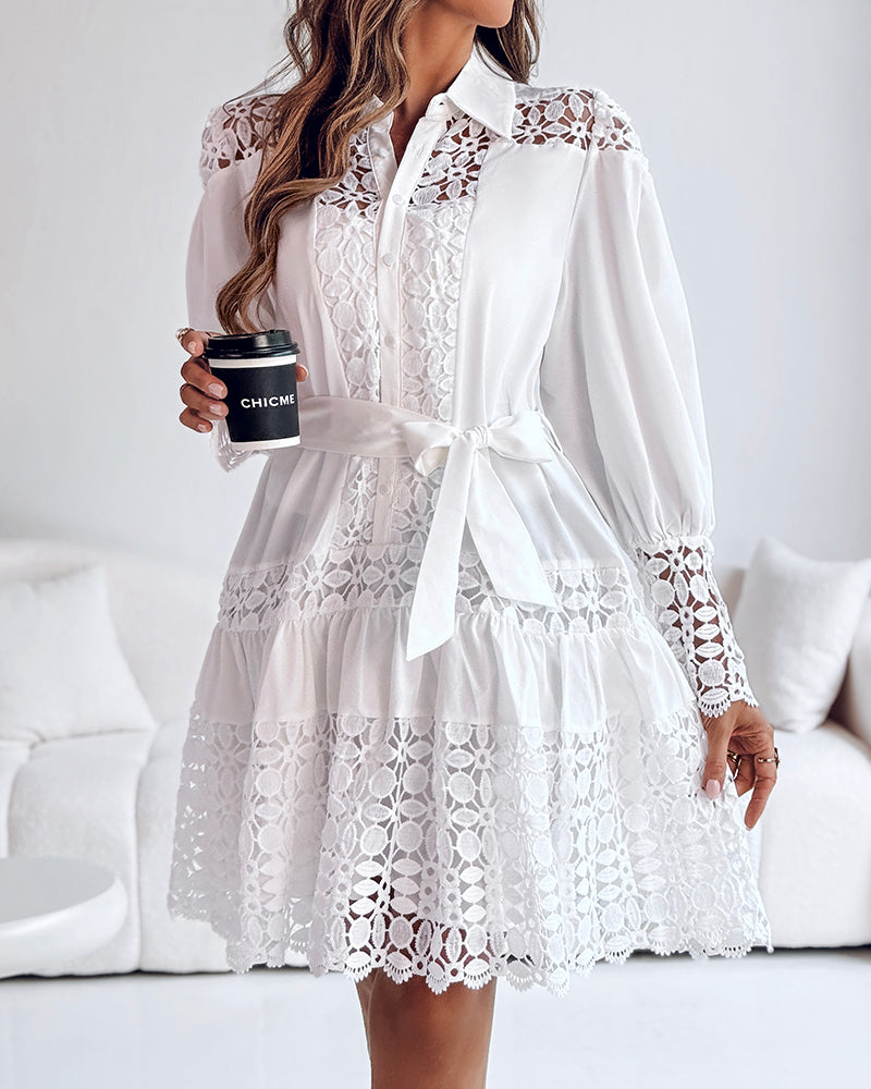 Guipure Lace Spliced Turn-down Collar Long Sleeve Button Front Shirt Dress Casual Tie Waist Ruffle Hem Dress