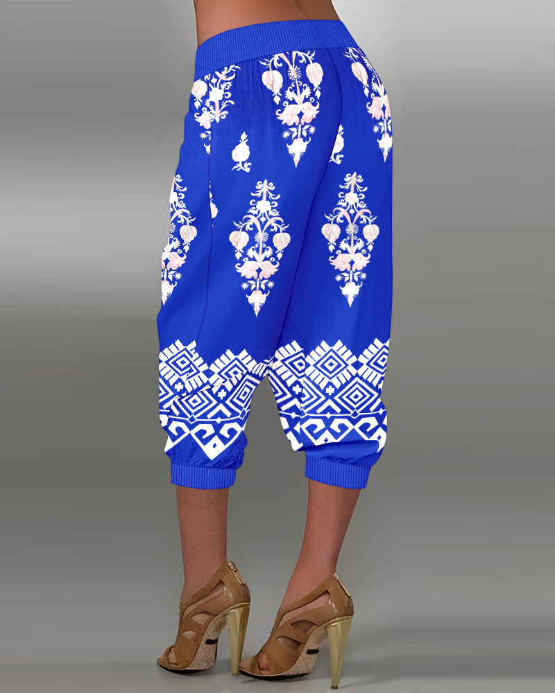Tribal Print Low Waist Button Decor Capris Pants Vintage Pants with Pocket