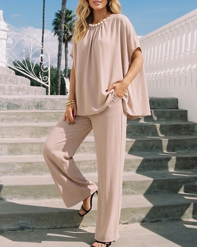 2 Pieces Outfit Elegant Pearl Embellished Split Sleeve Top and Casual Wide Leg Pants Set