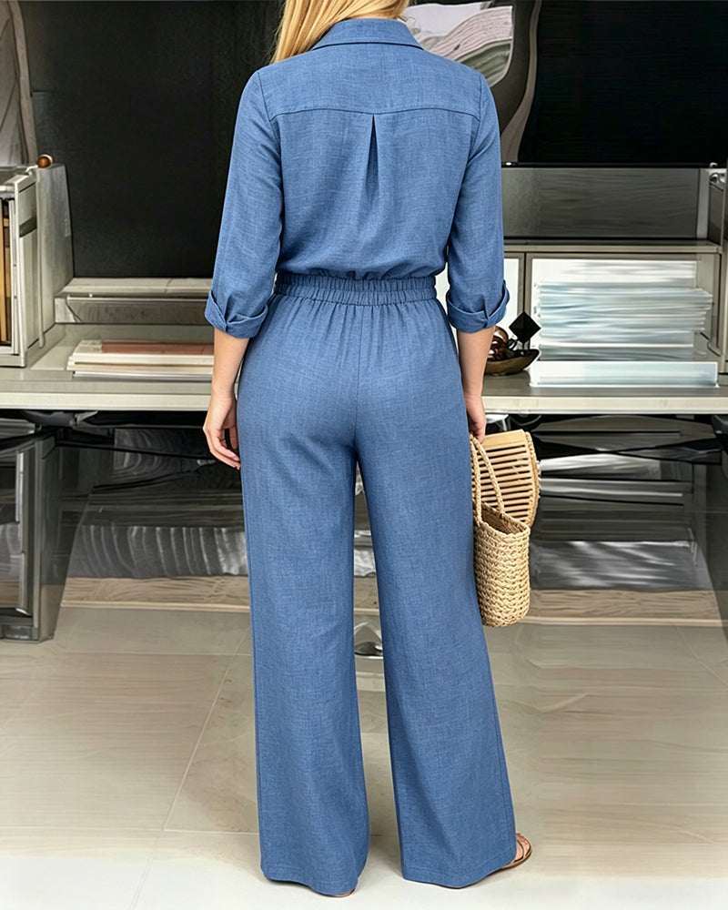 Women's 2 Piece Textured Set Button Down Shirt and Wide Leg Pants Set Casual Loose Lightweight Outfits with Pockets