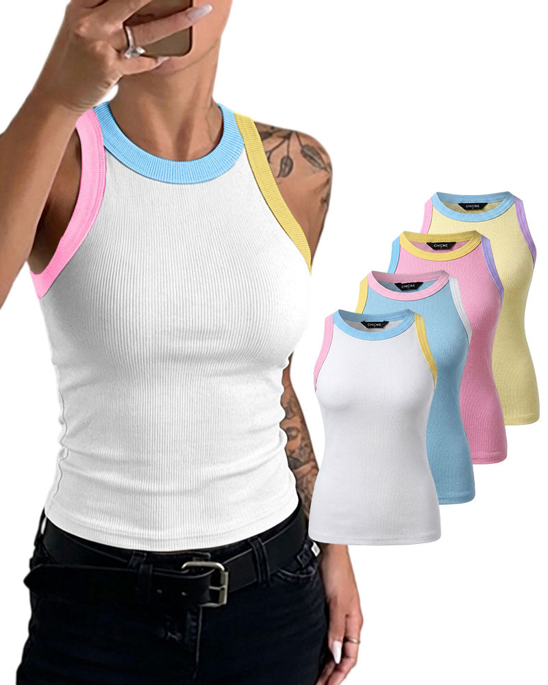 Women's Contrast Trim Ribbed Tank Top Slim Fit Sleeveless Round Neck Basic Camisole for Streetwear & Layering
